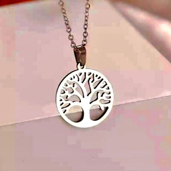 Polished Stainless Steel Tree of Life Pendant Necklace - Picture 1 of 7